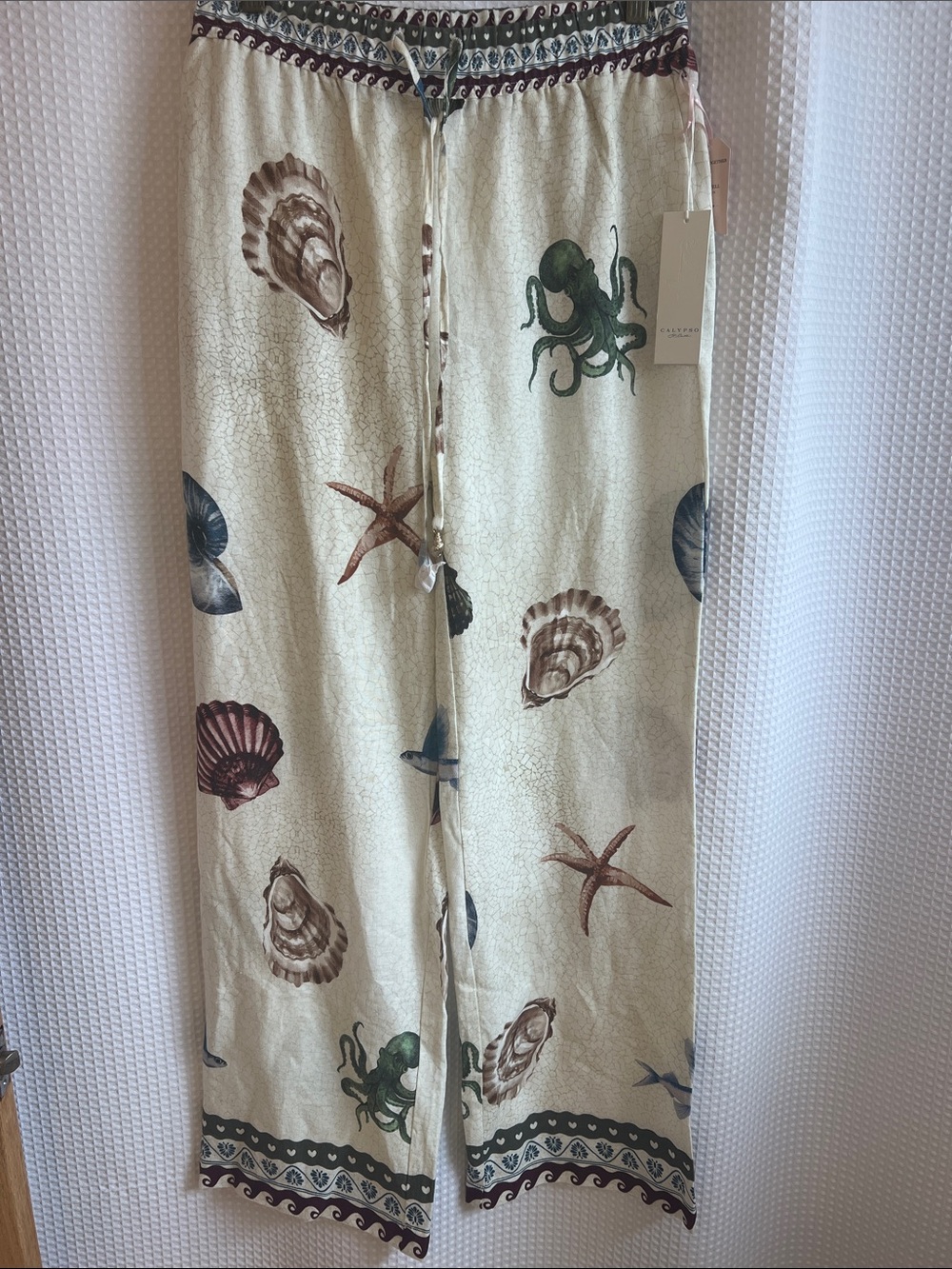 Calypso St. Barth Cream Wide-Leg Pants with Seashell & Octopus Print